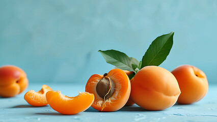 Wall Mural - Fresh apricots on blue background