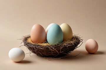 Wall Mural - eggs in a nest with straw and eggs on a beige background