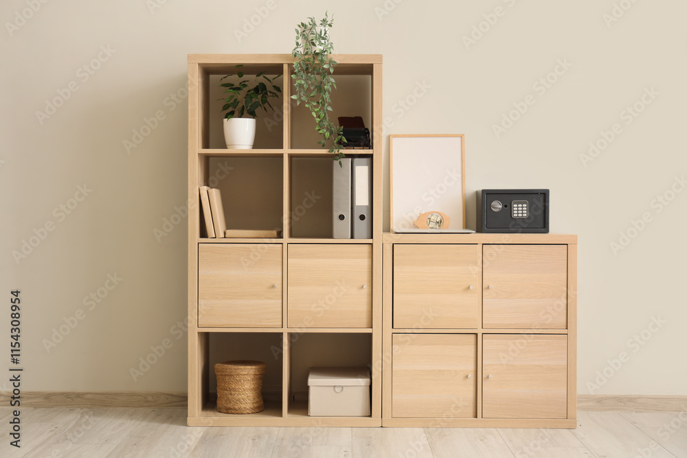 Shelving unit with safe box and piggy bank near white wall