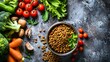 © MdRowshan - Dry pet food in bowl and fresh vegetables on dark background