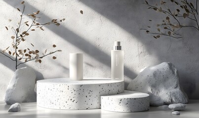 Poster - A series of white stone slabs arranged in a sleek, tiered podium structure