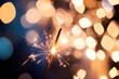 © Vii - A close-up shot of a sparkler with warm lights in the background, perfect for use in celebratory or festive scenes