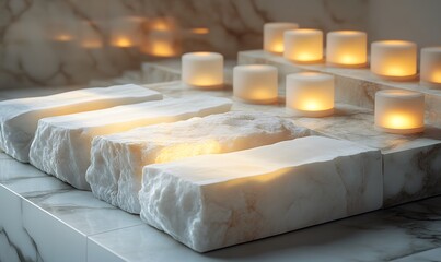 Poster - An array of white stone slabs with polished surfaces