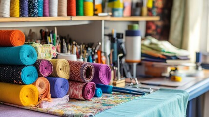 Poster - An organized quilting station in a cozy sewing room, Fabrics and quilting tools neatly placed on a worktable, Minimalist craft style