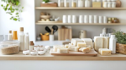 Poster - An organized soap making station in a bright kitchen, Soap molds and ingredients neatly placed on a counter, Minimalist craft style