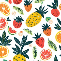 Aufkleber - Vibrant tropical fruit pattern showcasing exotic flavors and freshness in colorful arrangement on a light background. Generative AI