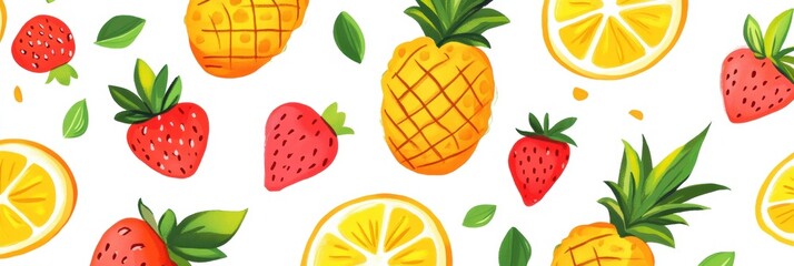 Leinwandbilder - Vibrant tropical fruit pattern featuring strawberries, pineapples, and lemons against a bright background. Generative AI