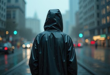 Aufkleber - Rainy Cityscape Reflected in a Workers Raincoat