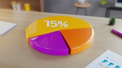 Poster - Colorful pie chart representing 75% in vibrant orange, purple, and yellow tones, on a modern wooden desk.