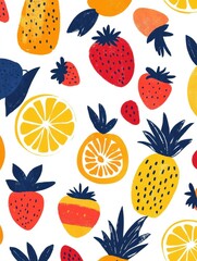 Aufkleber - Vibrant pattern of tropical fruits including pineapples strawberries and lemons on a white background. Generative AI