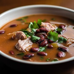 Canvas Print - A hearty bowl of chili with tender meat, red beans, and fresh cilantro, evoking warmth and comfort.