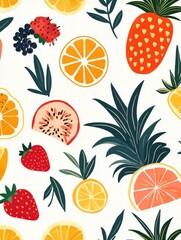 Aufkleber - Vibrant tropical fruits pattern featuring strawberries, citrus, and pineapples on a light background. Generative AI