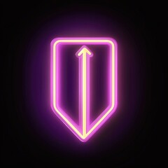 Poster - A vibrant neon shield icon with an upward arrow, glowing against a dark background, symbolizing protection and progress.