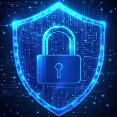Poster - A glowing digital shield with a padlock symbol, representing cybersecurity and data protection.