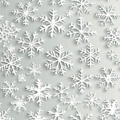 Poster - A delicate pattern of white snowflakes on a soft gray background, creating a serene winter atmosphere.