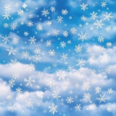 Poster - A beautiful winter scene featuring an array of delicate snowflakes against a blue sky with soft clouds.