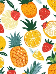 Poster - Vibrant and colorful tropical fruit pattern showcasing pineapples, strawberries, and citrus fruits against a bright white background. Generative AI