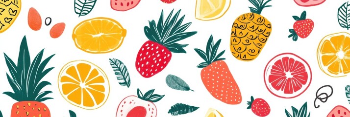 Aufkleber - Vibrant tropical fruit pattern showcasing colorful pineapples, strawberries, and citrus slices on a bright background. Generative AI