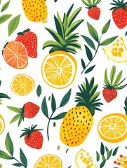 Poster - Vibrant pattern showcasing a variety of tropical fruits including pineapples, strawberries, and citrus. Generative AI