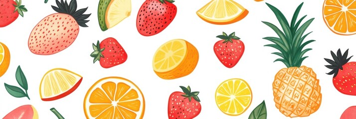 Aufkleber - Vibrant tropical fruit pattern featuring strawberries, pineapples, lemons, and other colorful fruits on a white background. Generative AI