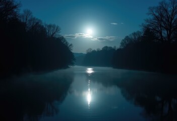 Poster - Silhouetted trees line a tranquil lake reflecting a bright moon.
