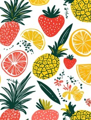 Aufkleber - Vibrant tropical fruit pattern featuring pineapples, strawberries, and citrus fruits with botanical elements. Generative AI