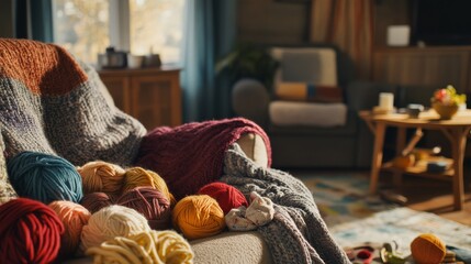 Poster - Intricate knitting supplies and yarn neatly arranged in a cozy living room, A warm living room scene with knitting tools and colorful yarn, Homely crafting style