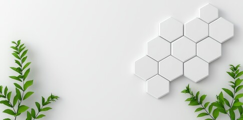 Poster - A white abstract background with geometric hexagons arranged in a polygonal pattern, highlighted by glowing hexagons.