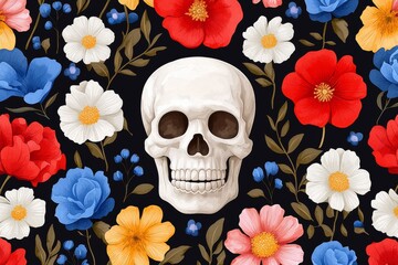 Poster - An uninterrupted design of skulls and flowers on a background. Stock illustration.