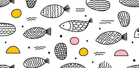 Poster - An abstract black and white wave pattern in a seamless illustration, reminiscent of vintage Asian ocean water backgrounds, crafted in a hand-drawn art style. This traditional Japanese ornament