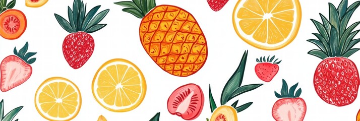 Aufkleber - Vibrant pattern showcasing tropical fruits like pineapple, strawberries, and citrus slices for a fresh summer vibe. Generative AI