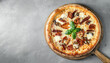 © hardvicore - Pizza with mushrooms and sun dried tomatoes, green basil leaves. Tasty fast food. Delicious snack