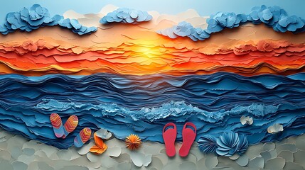 Wall Mural - Paper art sunset ocean beach scene with flip-flops.