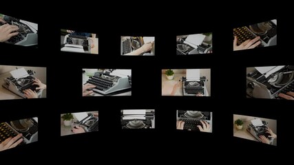 Leinwandbilder - Collage of rotating screens with hands typing on typewriter with alpha channel. Concept of typography, writer writing a story, literature. Fingers press the keys of a typewriter and write a script