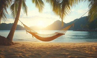 Wall Mural - Serene sunset beach hammock scene.