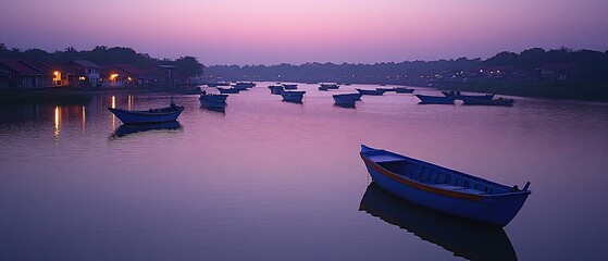 Wall Mural - Serene sunrise over tranquil fishing village with boats on calm water.