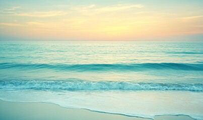 Wall Mural - Serene ocean sunset, soft waves on sandy beach.