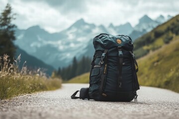 Aufkleber - Travelers backpack resting on a winding road with mountains in the background during an overcast day. Generative AI