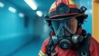 © Dulemegapixel - A firefighter fully equipped with red uniform and helmet stands confidently facing the camera in a brightly lit blue hallway, focusing on security and readiness.
