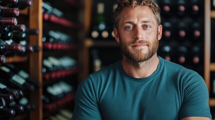 A bearded man stands confidently in a wine cellar, surrounded by bottles, exuding a sense of luxury, sophistication, and passion for fine wines and rich experiences.