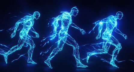 Poster - Abstract glowing blue human figures in motion, showcasing energy and movement.