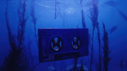 Underwater cassette tape amidst kelp forest.