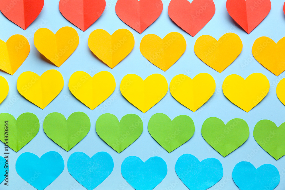 Colorful paper hearts on blue background. Valentine's Day celebration