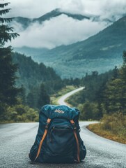 Aufkleber - Travelers backpack rests on a winding road surrounded by mountains and forested landscape in a cloudy setting. Generative AI