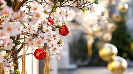 Wall Mural - A festive scene featuring a flowering tree adorned with red ornaments.