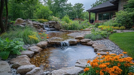 Wall Mural - Serene backyard water feature with cascading waterfalls, lush landscaping, and stone pathway.