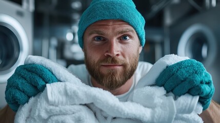 A bearded man in a blue beanie and gloves holds freshly laundered towels, capturing a sense of warmth and dedication in a modern laundry setting.