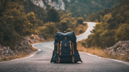 Aufkleber - Travelers backpack rests on a winding road surrounded by nature in the early evening light. Generative AI