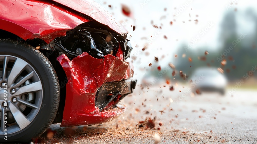 Red car caught in the violent moment of a front-end collision ...