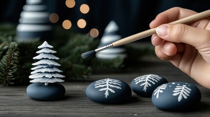 A child painting rocks with cheerful holiday designs for gifts